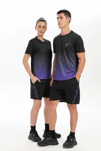 Men and women's quick-dry gradient sports T-shirt and shorts set with purple logo