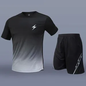 Men's Quick Dry Sportswear Set Short Sleeve Gradient Lightning Print Top And Bottom Running Training Fitness Tracksuit