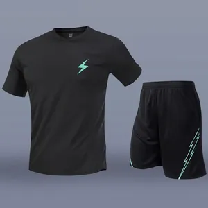 Men's black quick-dry sports T-shirt and shorts set with green lightning logo