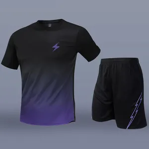 Men's quick-dry sports set featuring purple gradient and purple lightning logo print