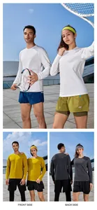 Men's and women's long-sleeve quick-dry sports t-shirts shown in multiple outdoor views.