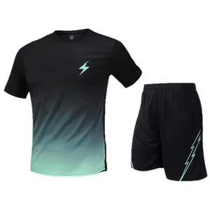 Men's quick-dry sports set with black to green gradient and lightning logo design