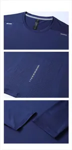 Detail view of men's blue quick-dry athletic long-sleeved t-shirt with reflective strip.