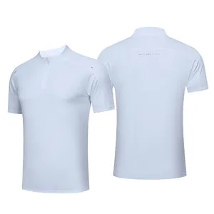Men's white quick-dry sports T-shirt with half-zipper for running, fitness and workout