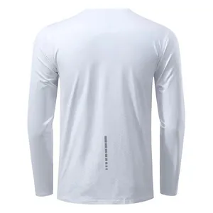 Back view of white long-sleeve quick-dry sports t-shirt with reflective strip details