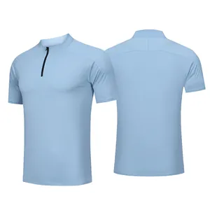 Men's light blue quick-dry sports T-shirt with half-zipper collar, front and back view