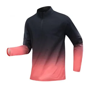 Detail view of men's half-zip sports t-shirt with black-to-red gradient design