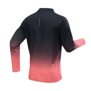Back view of men's long-sleeve quick-dry sports shirt with black-pink gradient