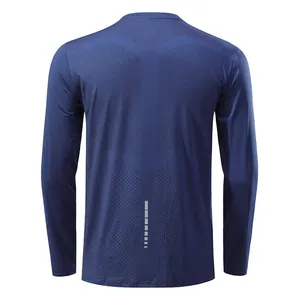 Rear view of blue quick-dry long-sleeve sports T-shirt with breathable mesh and reflective strip