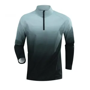 Detailed front view of men's quick-dry half-zip sports shirt with blue to black gradient