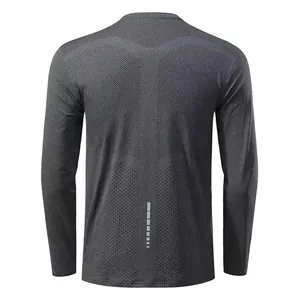 Back view of men's quick-dry long-sleeve sports T-shirt with breathable mesh and reflective strip.