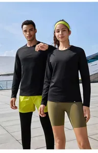 Detailed view of quick-dry long-sleeved sports T-shirts on fitness models