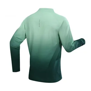 Detail view of men's quick-dry gradient green long sleeve sports t-shirt with stand collar