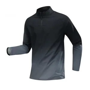 High-quality men's half-zip long sleeve sports shirt with stylish black to grey gradient