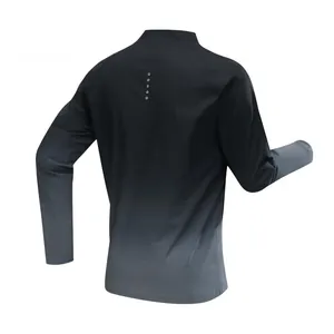 Back view of men's long-sleeve half-zip sports T-shirt with black-to-grey gradient design