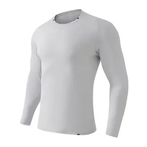 Close-up detail of light grey men's quick-dry long-sleeve athletic shirt for running