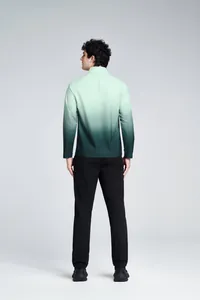 Back view of men's athletic quick-dry half-zip shirt featuring a green gradient design