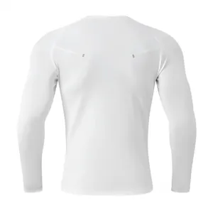 Back view of white men's quick-dry long-sleeve athletic shirt for fitness and running.