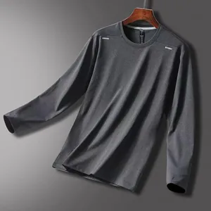 Grey quick-dry long sleeve athletic t-shirt for men with reflective shoulder details