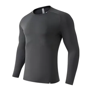 Detailed front view of a grey men's long sleeve quick-dry compression sports shirt