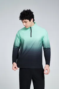 Full view of a men's gradient green to black half-zip quick-dry long-sleeve sports shirt