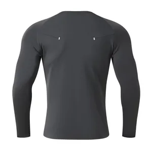 Back view of a charcoal grey men's quick-dry long-sleeved athletic training t-shirt.
