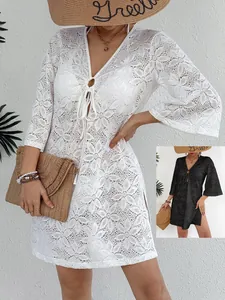 Vestido Playero Sexy de Punto Calado con Cuello en V Profundo para Mujer Cubierta Suelta de Ganchillo para Vacaciones y Ropa de Playa