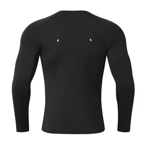 Close-up back view of men's black quick-dry long sleeve athletic T-shirt for fitness