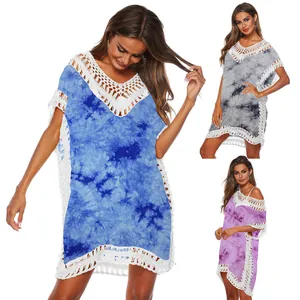 V-Ausschnitt Häkel hohl Tie-Dye Strandkleid in Blau, Grau und Violett, lockere Passform