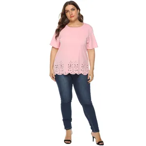 Plus size pink T-shirt featuring laser-cut floral hem and scalloped edges