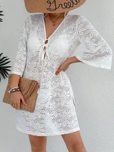 Vestido playero sexy de ganchillo blanco con cuello en V para mujer vacaciones