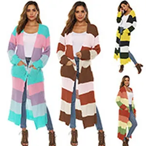 Gilets longs en maille rayée pour femmes avec grandes poches en plusieurs couleurs