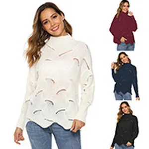 Pull en maille ajourée pour femme avec col montant et ourlet festonné multicolore