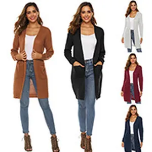 Gilet long en maille élégant avec de grandes poches et des fentes latérales, multi-couleurs