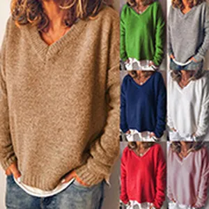 Pull en maille décontracté à col en V pour femmes disponible en plusieurs coloris variés