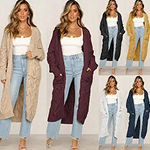 Gilet long en maille torsadée pour femme avec fentes latérales et grandes poches multi-couleurs