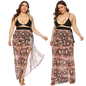 Plus size snake print chiffon wrap skirt with high side slit for beachwear style