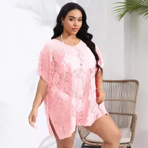 Plus size pink floral lace crochet beach cover up with V neck and sexy side slits