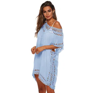 Elegante lichtblauwe gehaakte strandjurk met V-hals voor dames bikini cover-up