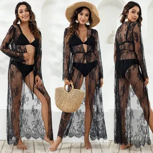 Sexy sheer black floral lace beach cover-up with waist tie shown in multi-angle view
