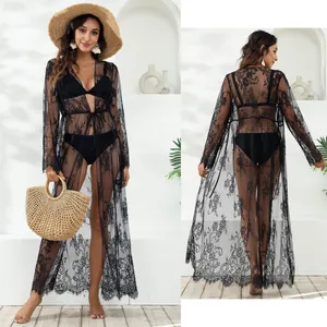 Sexy long black lace beach cover-up with tie waist shown in front and back views