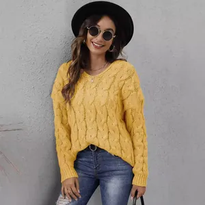 Eleganter gelber Zopfstrickpullover für Damen, lockerer V-Ausschnitt, warmer Strickoberteil