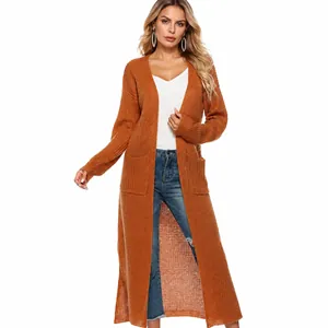 Gilet long en maille pour femme avec fentes latérales, poches et guide de taille