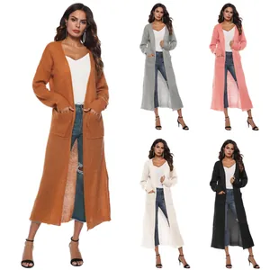 Cardigan long en maille pour femme avec poches et fentes latérales, plusieurs couleurs
