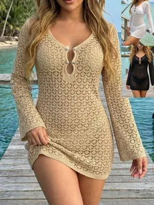 Women Sexy Hollow Out Crochet See Through Beach Cover Up Long Sleeve V Neck Dress With Metal Bar Accessories