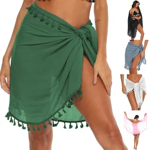 Pareo de plage élégant pour femmes avec franges à glands et ourlet irrégulier en vert