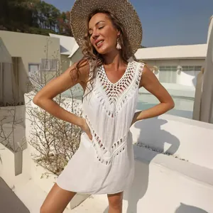 Elegant white sleeveless crochet V-neck beach cover-up dress for summer vacation