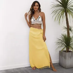 Bohemian yellow wrap skirt with tassels for beachwear and summer