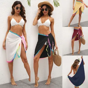 Damen Strand Wickelrock Mit Bunten Pompon Quasten Unregelmäßiger Saum Einteiler Sonnenschutz Badeanzug Cover Up Rock