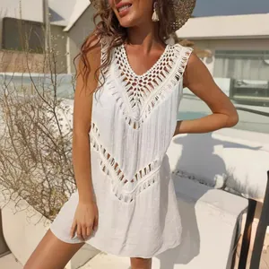 Elegant white sleeveless crochet V-neck beach cover-up tunic dress for women's vacation